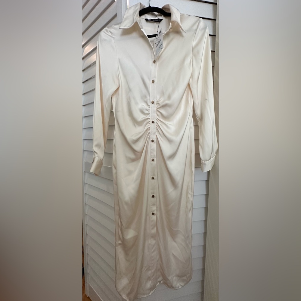 Zara satin ivory dress gold button midi length size M